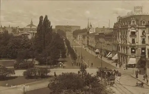 Foto Ak Oslo Norwegen, Karl Johans Straße, Straßenbahn