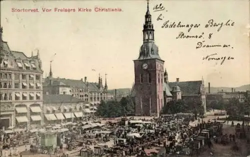 Ak Christiania Oslo Norwegen, Stortorvet, Vor Frelsers Kirke