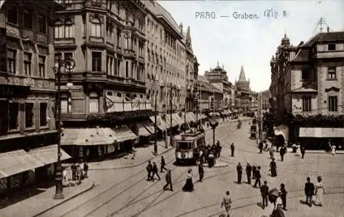 Ak Praha Prag Tschechien, Hradčany Hradschin,  Graben, Straßenbahn, Menschen