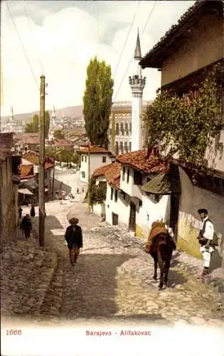 Ak Sarajevo Bosnien Herzegowina, Straße in Sarajevo mit zwei Personen, davon eine mit Esel.