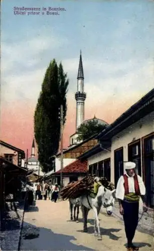 Ak Bosnien Herzegowina, Straßenszene, Minarett, Esel