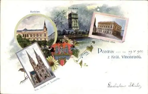 Ak Královské Vinohrady Königliche Weinberge Praha Prag, Postkarte mit Illustrationen, Radnice,...