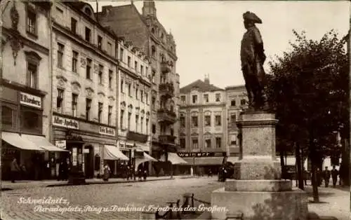 Ak Świdnica Schweidnitz Schlesien, Statue Friedrichs des Großen, Paradeplatz, historische Arch...