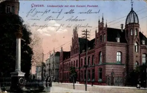 Ak Gniezno Gnesen Posen, Postamt, Lindenstraße, historisches Gebäude, Straßenansicht