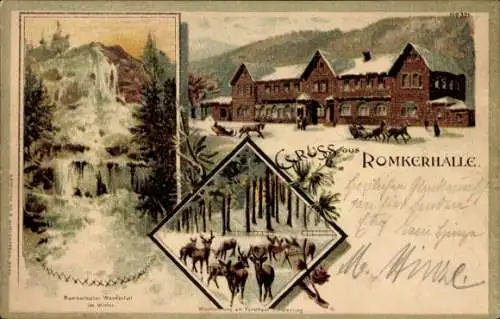 Litho Goslar in Niedersachsen, Romkerhalle, Wasserfall im Winter, Wildfütterung am Forsthaus 