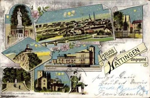 Litho Hattingen an der Ruhr, Kriegerdenkmal, Bahnhof, Totale, Burg Blankenstein