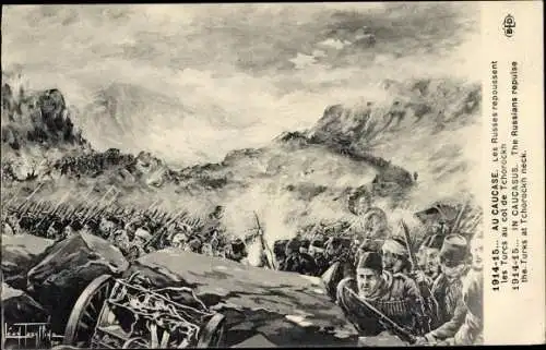 Künstler Ak Caucasus Russia, The Russians repulse the Turks at Tchorockh neck