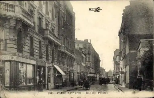 Ak Paris XIV. Arrondissement Observatoire, Rue des Plantes, Flugzeug