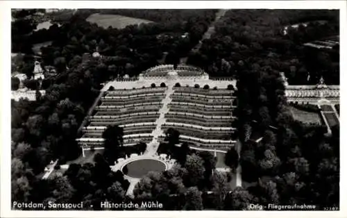 Ak Potsdam Sanssouci, Historische Mühle, Fliegeraufnahme