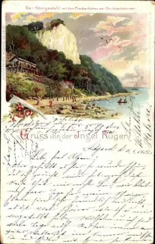 Litho Insel Rügen, Königsstuhl mit den Fischerhütten bei Stubbenkammer