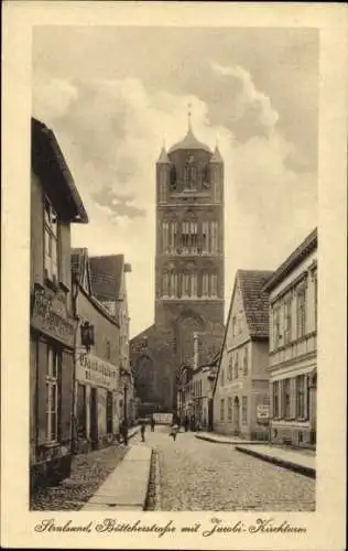 Ak Stralsund in Vorpommern, Böttcherstraße mit Jacobikirchturm