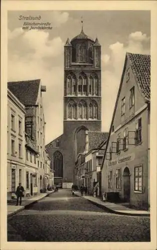 Ak Stralsund in Mecklenburg Vorpommern, Böttcherstraße mit Jacobikirche, Schmiedemeister G. Holdack