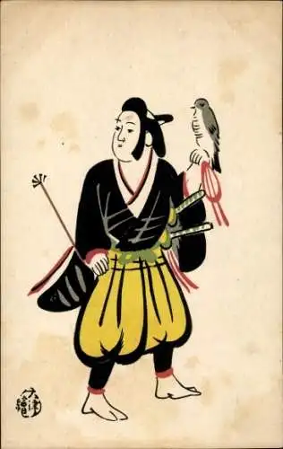 Künstler Ak japanischer Samurai mit Falke