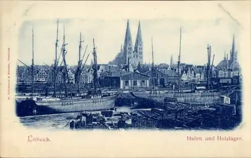 Ak Hansestadt Lübeck, Hafen, Holzläger