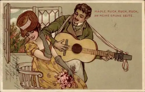 Jugendstil Litho Mädle ruck an meine grüne Seite, Liebespaar, Mann mit Gitarre