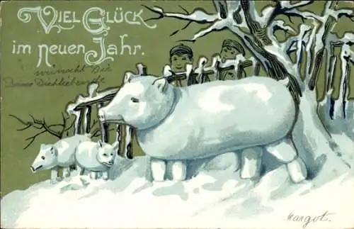 Litho Glückwunsch Neujahr, Kinder, Schweine Figuren