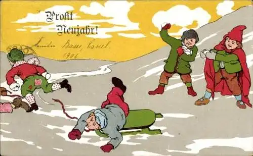 Litho Glückwunsch Neujahr, Kinder, Schneeballschlacht