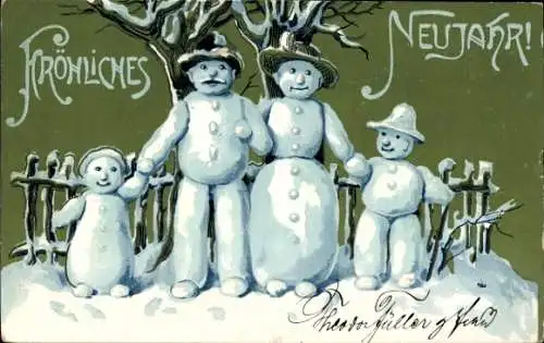 Litho Glückwunsch Neujahr, Schneemann Familie