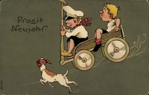 Litho Glückwunsch Neujahr, Kinder, Hund
