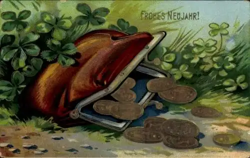 Litho Glückwunsch Neujahr, Geldbörse, Münzen, Klee