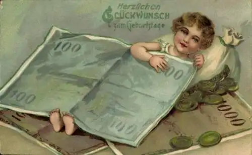 Litho Glückwunsch Geburtstag, Mädchen, Geldscheine, Münzen