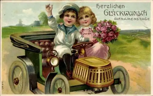 Präge Litho Glückwunsch Geburtstag, Junge und Mädchen mit Rosenstrauß im Automobil