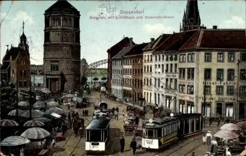 Ak Düsseldorf am Rhein, Burgplatz, Schlossturm, Düsselschlösschen, Straßenbahnen