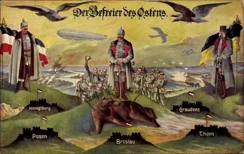 Ak Befreier des Ostens, Generalfeldmarschall Paul von Hindenburg, Kaiser Wilhelm II., Franz Josef I.