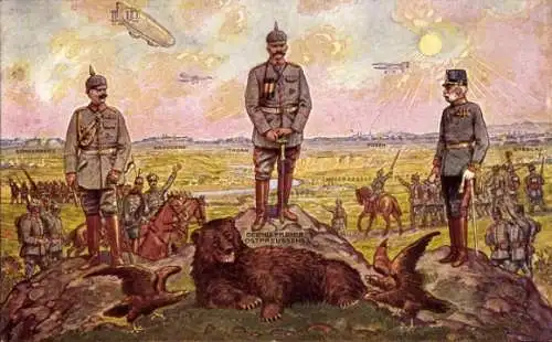 Künstler Ak Befreier Ostpreußens, Generalfeldmarschall Paul von Hindenburg, Wilhelm II, Franz Joseph