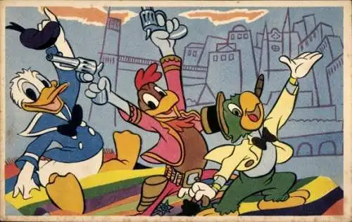 Ak Drei Caballeros, Joé Carioca, Donald Duck, Panchito Pistoles, Fliegender Teppich