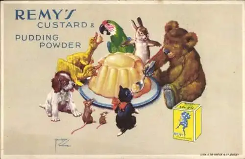 Künstler Ak Wood, L., Werbung, Remy's Custard & Pudding Powder, Bär, Katze, Hund, Maus