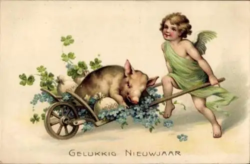 Präge Litho Glückwunsch Neujahr, Kleeblatt, Schwein, Engel, Vergissmeinnicht