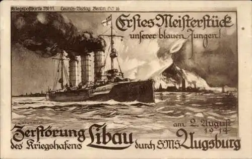 Künstler Ak Deutsches Kriegsschiff, S.M.S. Augsburg, Zerstörung des Kriegshafens Libau, 1914