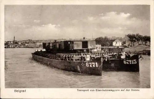 Ak Beograd Belgrad Serbien, Transport von Eisenbahnwaggons, Donau