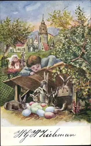 Ak Frohe Ostern, Kinder, Osterhasen, Ostereier