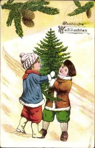 Ak Glückwunsch Weihnachten, Kinder, Tannenzweige, Tannenzapfen