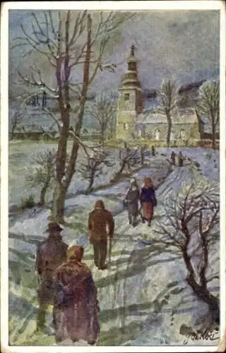 Künstler Ak Koci, A., Menschen auf dem Weg zur Kirche, Winter, Schnee