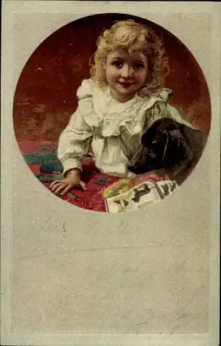 Präge Litho Mädchen mit Hund, Porträt
