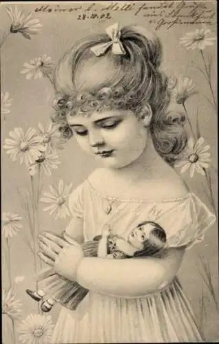 Litho Mädchen mit Puppe, Blumen, Gemaltes Porträt