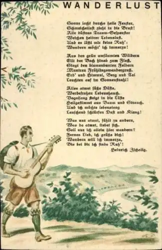 Ak Gedicht Wanderlust, Sonne lacht durchs helle Fenster..., Wanderer mit Gitarre