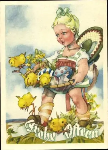 Ak Glückwunsch Ostern, Mädchen, Küken, Ostereier