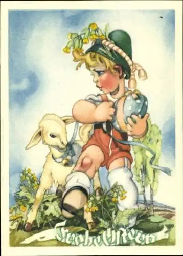 Ak Glückwunsch Ostern, Junge, Lamm, Osterei