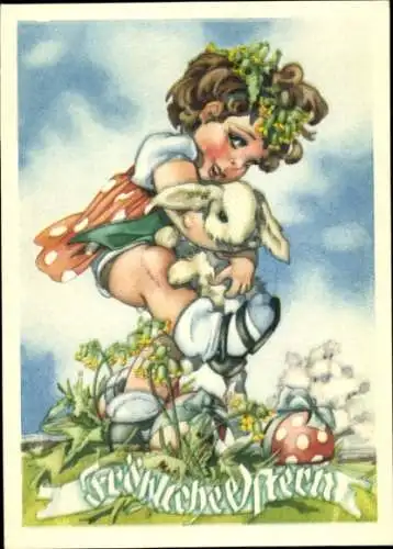 Ak Glückwunsch Ostern, Mädchen, Osterhase, Ostereier