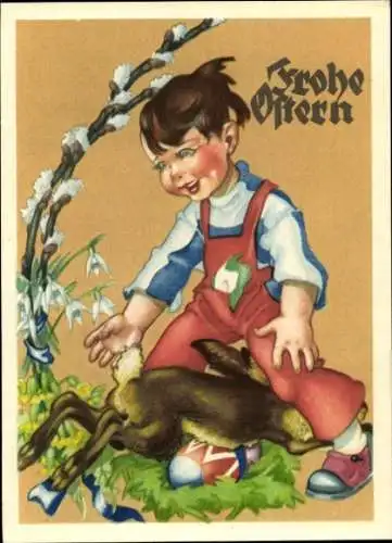 Ak frohe Ostern, Osterhase flitzt unter den Beinen durch