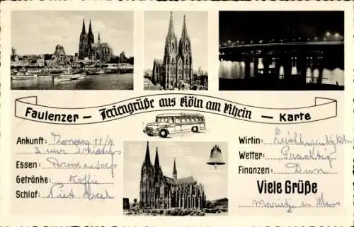 Ak Köln am Rhein, Dom, Brücke bei Nacht, Schiffe, Faulenzer-Feriengrüße