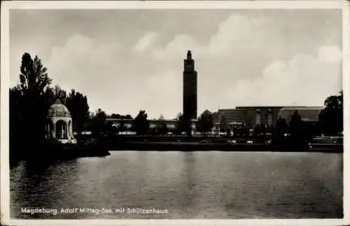 Ak Magdeburg an der Elbe, Magdeburg. Adolf-Mittag-See mit Schützenhaus.