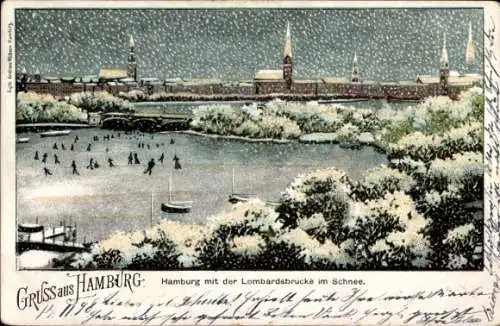 Litho Hamburg Mitte Altstadt, Stadt mit Lombardsbrücke im Schnee