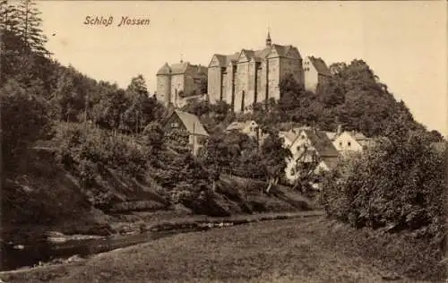 Ak Nossen in Sachsen, Mehrere Gebäude, u.a. Schloss  auf einem Berg. Im Vordergrund flie...