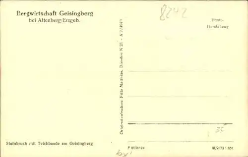 Ak Geising Altenberg im Erzgebirge, Hartmannmühle, Steinbruch mit Teichbaude am Geisingberg