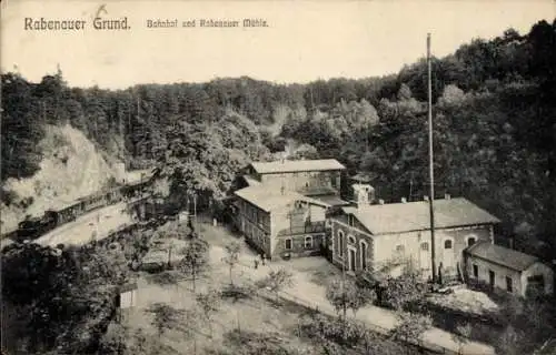 Ak Rabenau im Erzgebirge, Rabenauer Grund, Bahnhof und Rabenauer Mühle